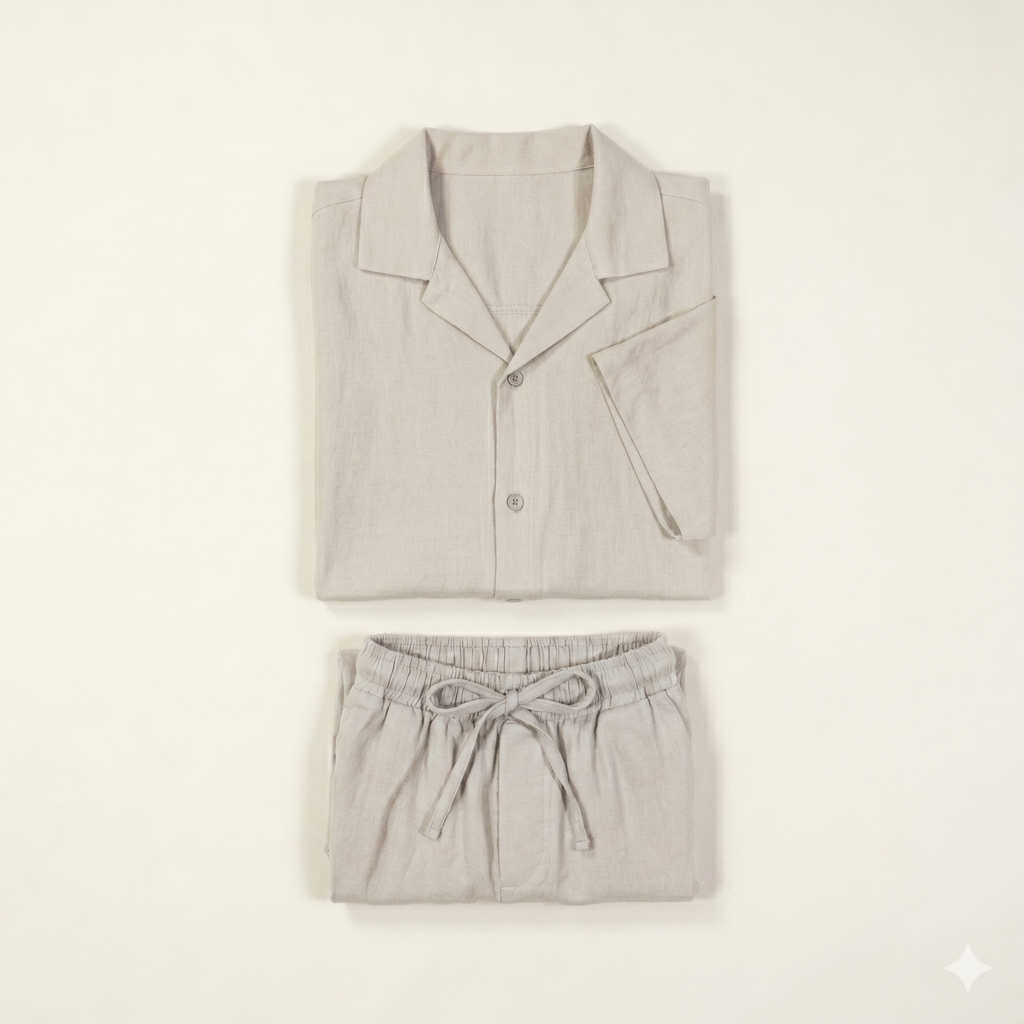 Co-Ord Short/Half Sleeve Shirt Linen in Beige