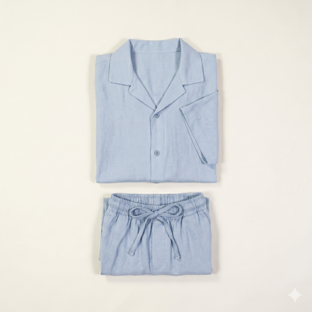Co-Ord Short/Half Sleeve Shirt Linen in Light Blue