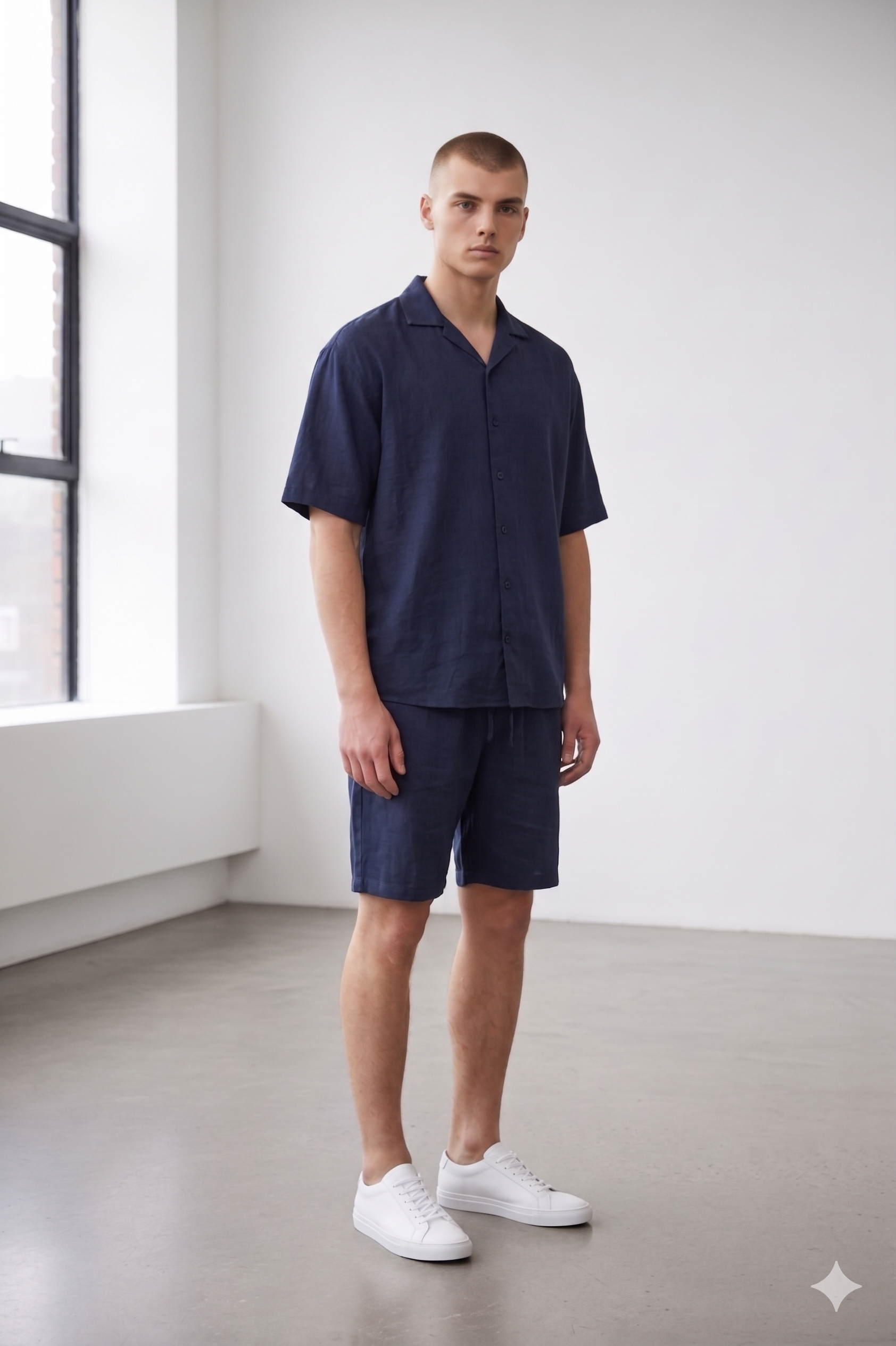 Co-Ord Short/Half Sleeve Shirt Linen in Navy