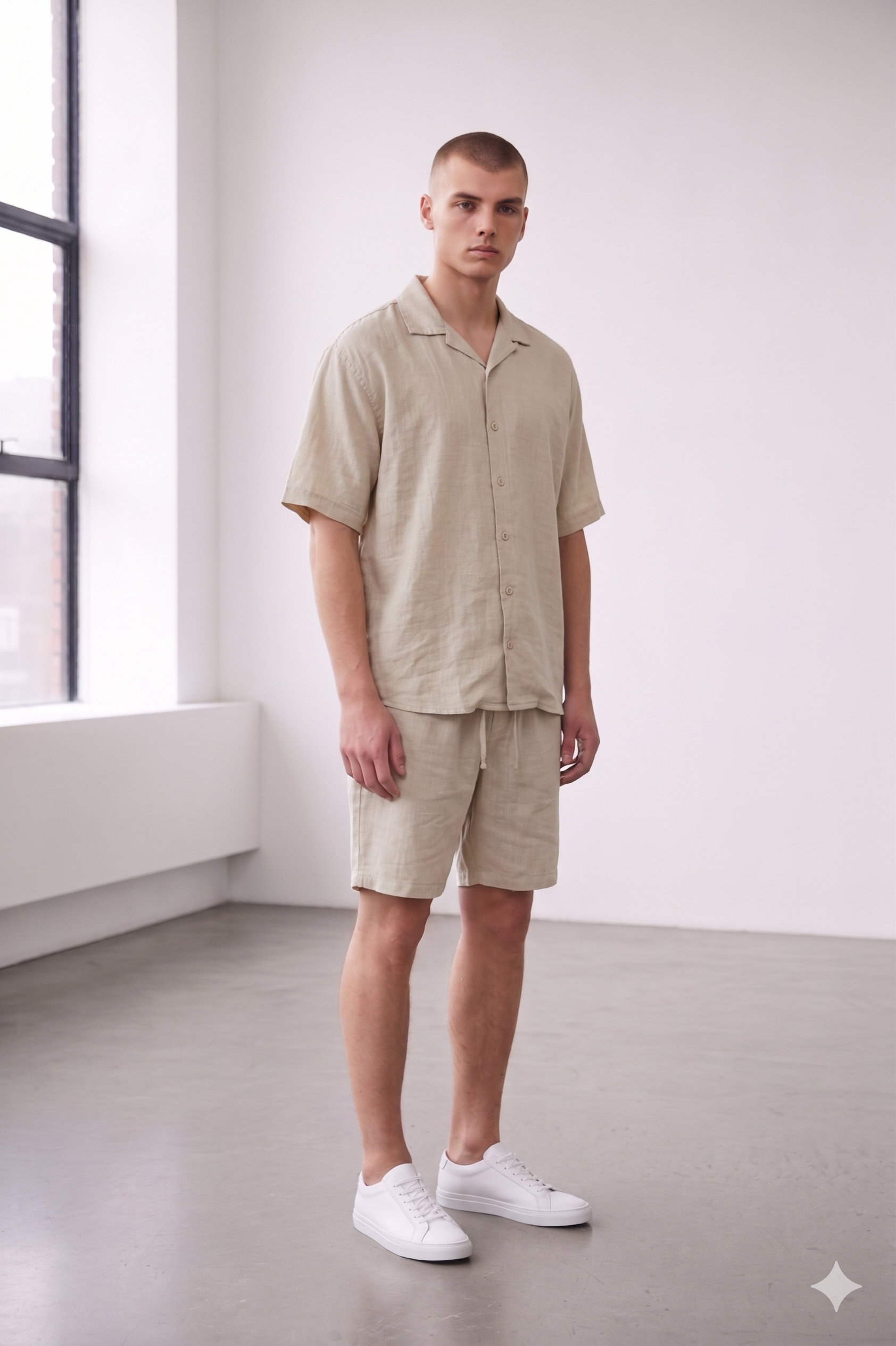 Co-Ord Short/Half Sleeve Shirt Linen in Beige