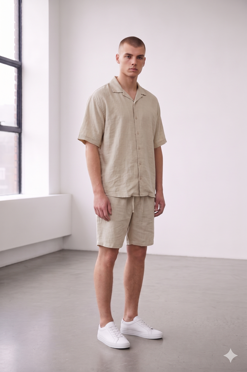 Co-Ord Short/Half Sleeve Shirt Linen in Beige