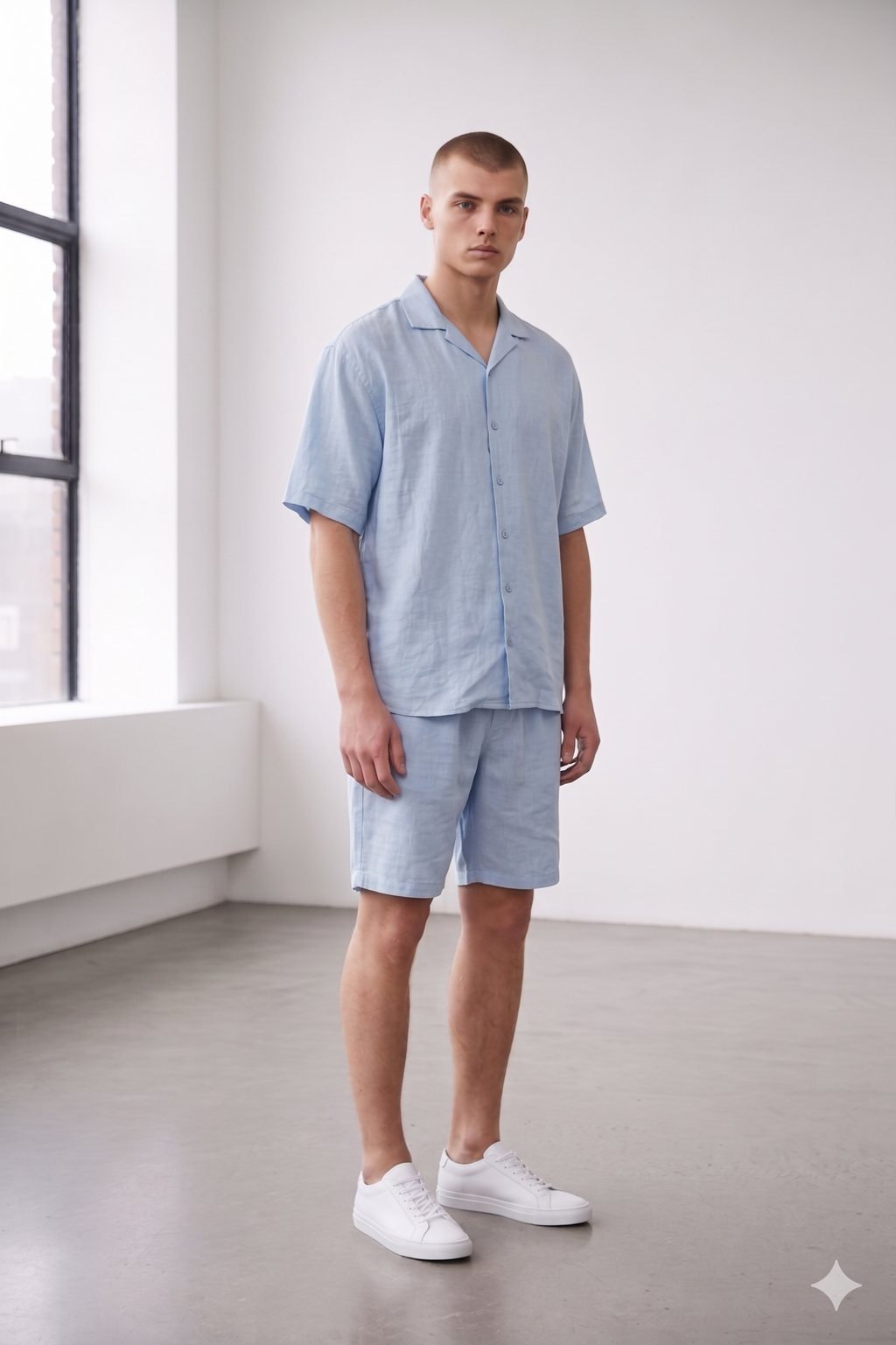 Co-Ord Short/Half Sleeve Shirt Linen in Light Blue
