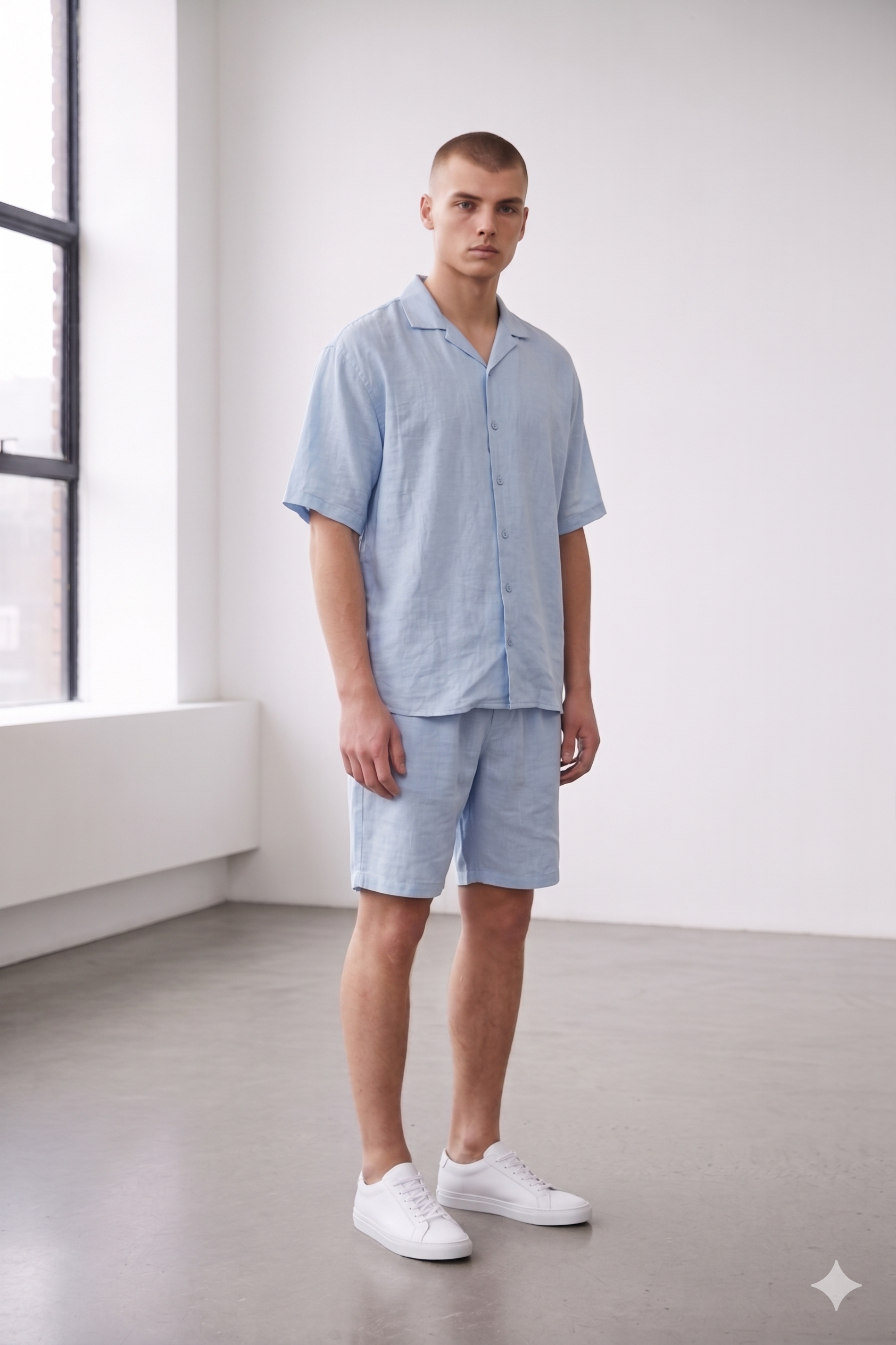 Co-Ord Short/Half Sleeve Shirt Linen in Light Blue