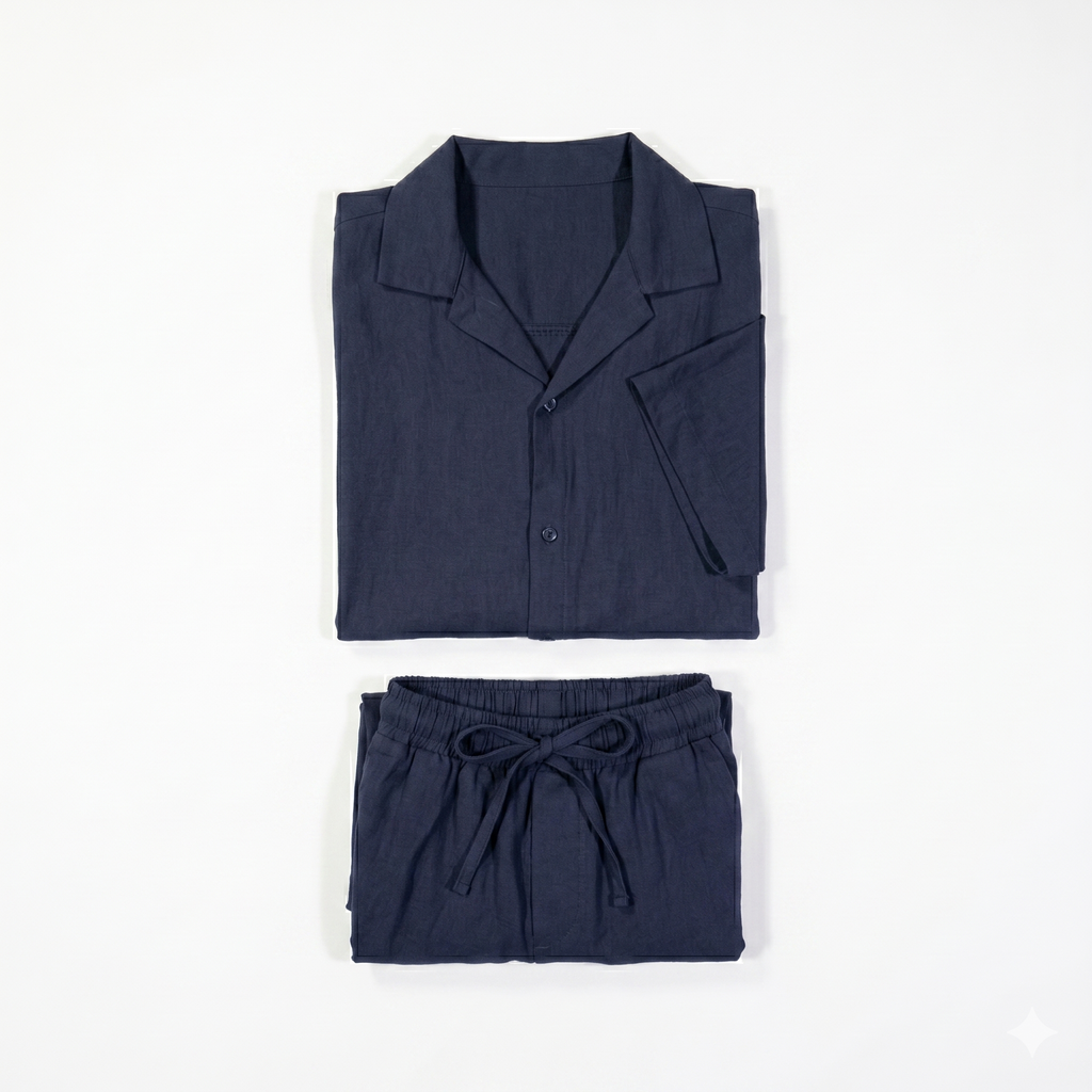 Co-Ord Short/Half Sleeve Shirt Linen in Navy