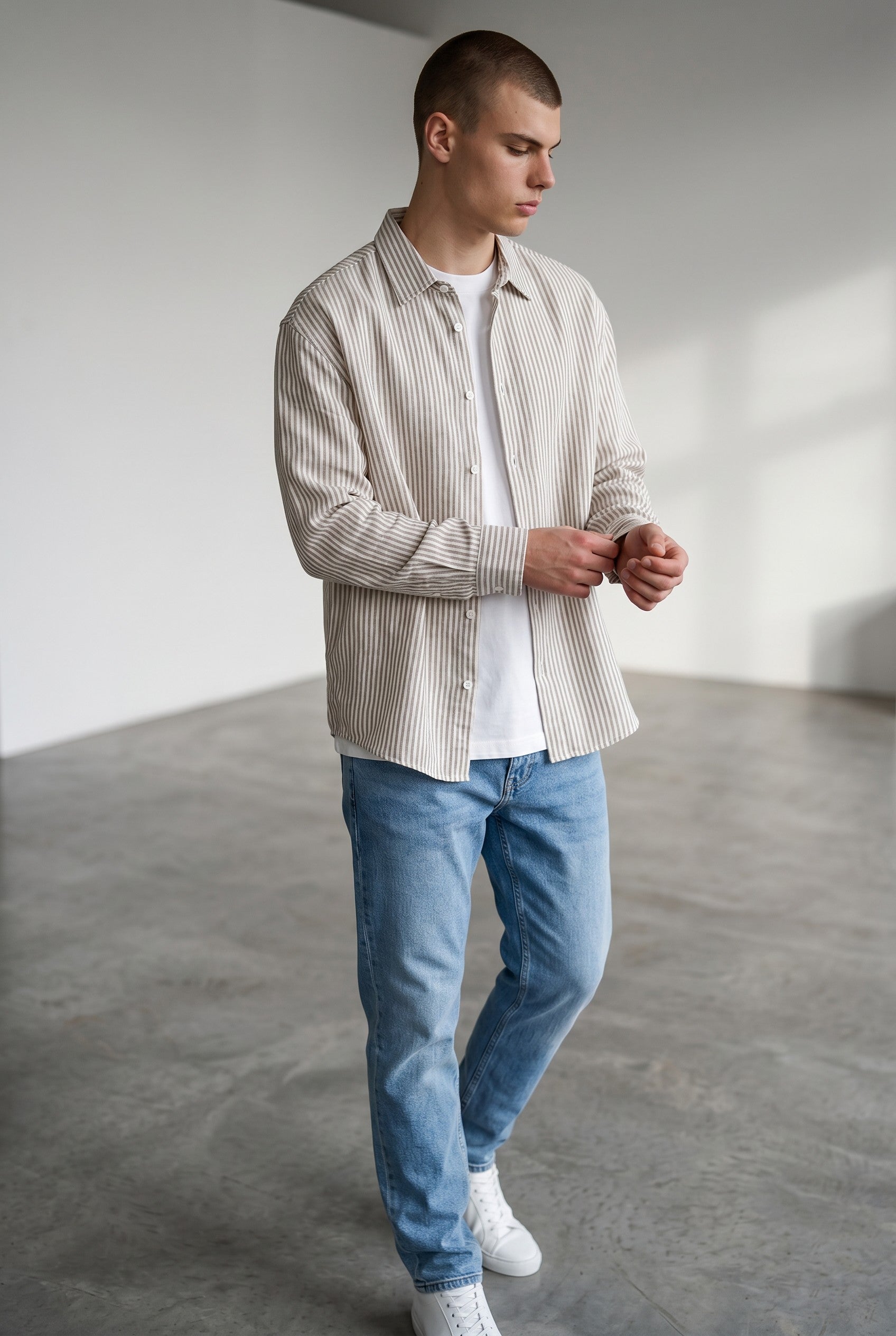 Striped Long Shirt in Brown/White