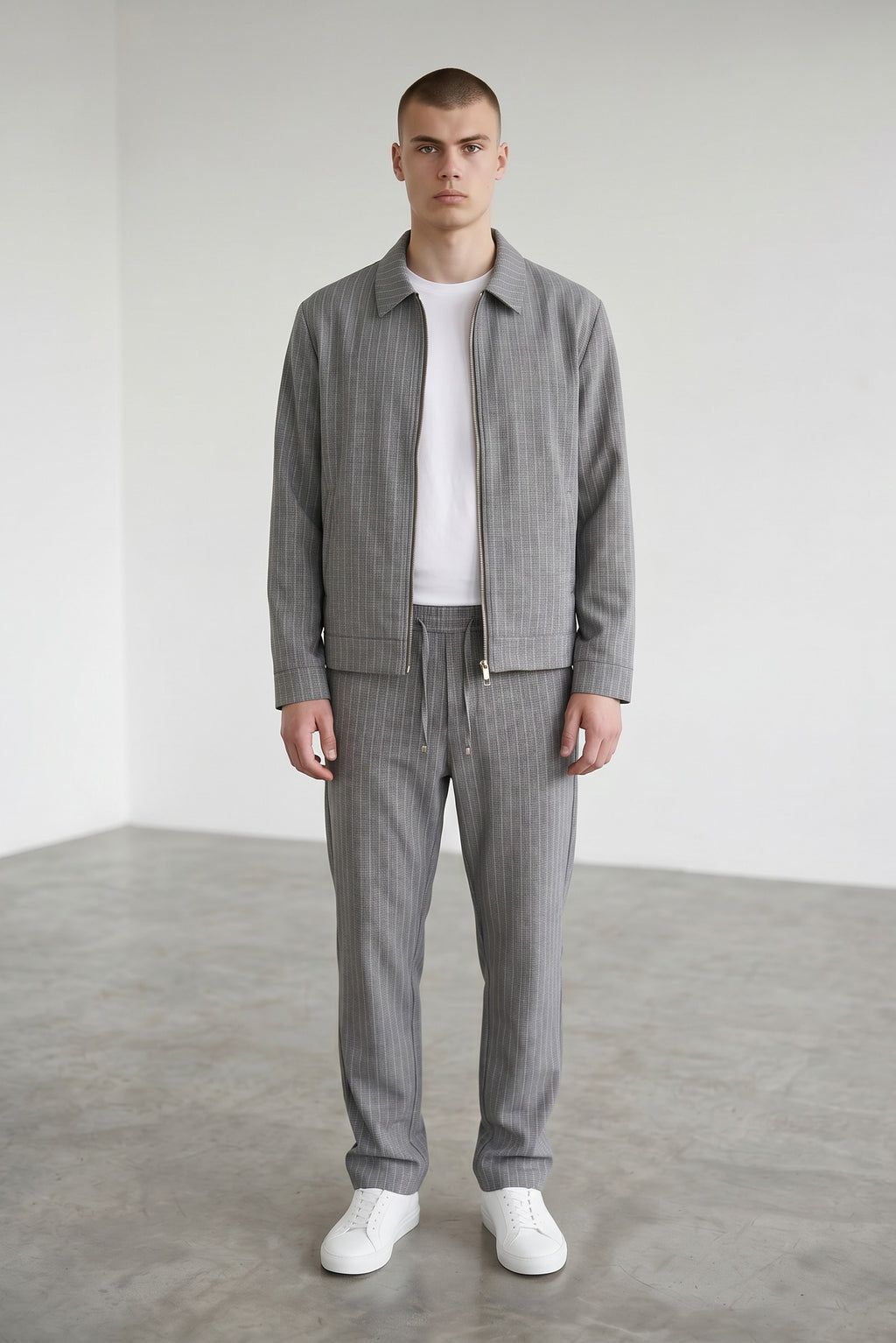 Pants/Jacket Set Co-Ord Zipper Striped in Light Grey