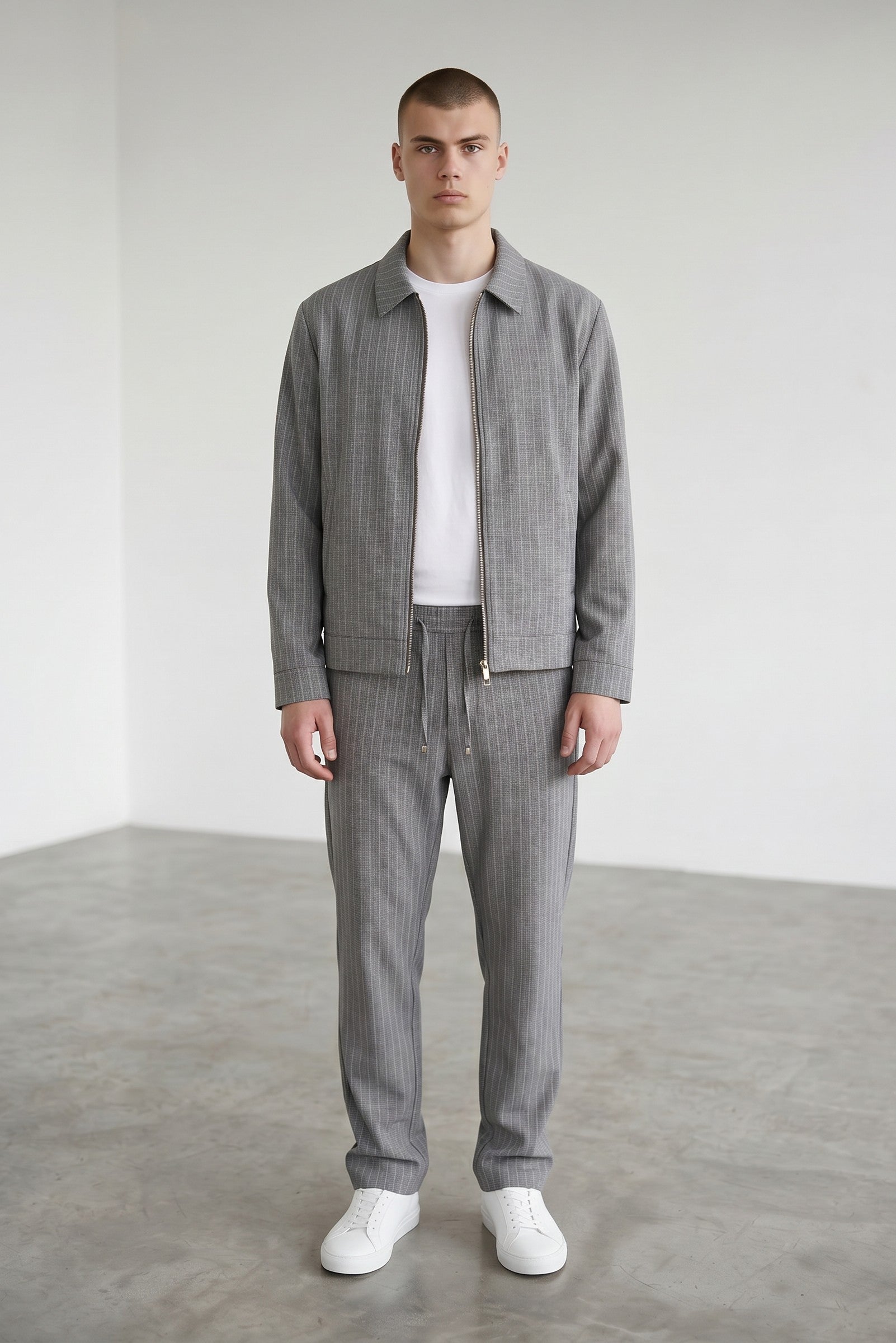 Pants/Jacket Set Co-Ord Zipper Striped in Light Grey